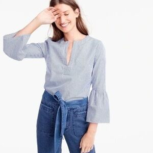 J. Crew Blue Striped Bell Sleeve Split Neck Top Size 4